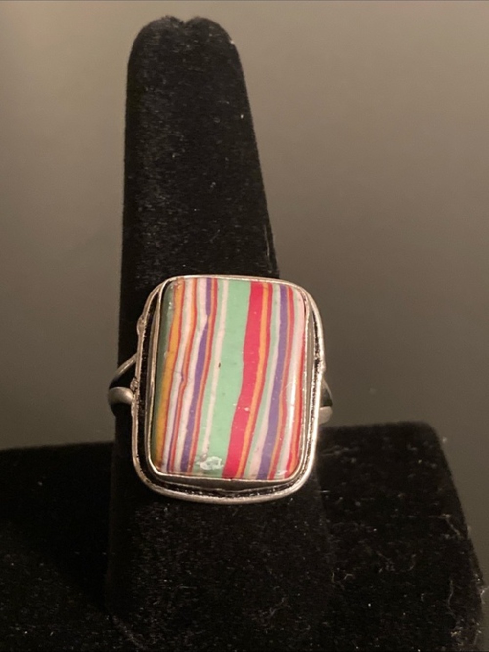 Multicolor Striped Enamel Statement Ring 925 silver size 10